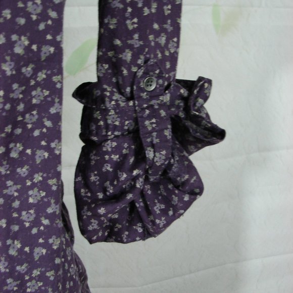 Purple Dainty Floral Long Adjustable Sleeve Ruche Button Front Scallop Hem Large - Picture 3 of 16